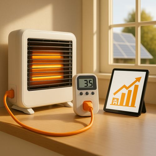 Elektrische Heizlüfter neben Energiekosten-Messgerät und Tablet mit steigender Kurve, warmes Tageslicht, PV-Module draußen im Fenster sichtbar; orange Stromkabel durchgehend vom Heizgerät zum Messgerät.