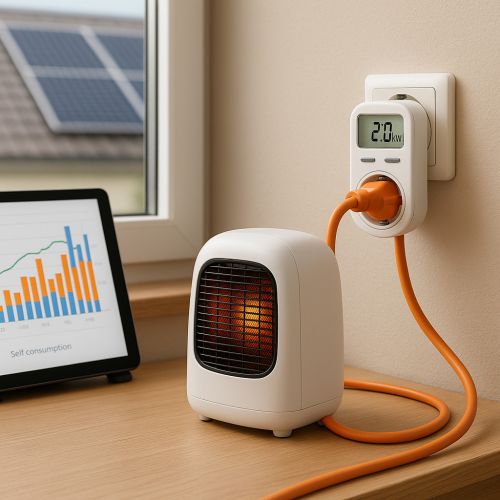 Heizlüfter am Strommessgerät; daneben Tablet mit PV-Kostenvergleich; im Hintergrund Solarmodule auf dem Hausdach.