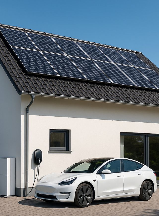 Haus mit Photovoltaikanlage: Gelbe Pfeile visualisieren Solarstrom vom Dach zur Heimbatterie und zum Elektroauto – optimierter Eigenverbrauch.