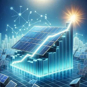 Positiver Ertrag von Solar Solarpanel im Hintergrund, überlagert von einem aufsteigenden Graphen, der einen positiven Verlauf der Rentabilität symbolisiert. Das Solarpanel symbolisiert erneuerbare Energie,während der aufsteigende Graph den finanziellen Erfolg von Solar darstellt