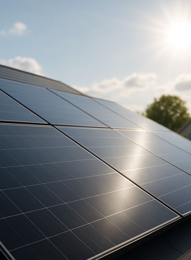 Nahaufnahme monokristalliner Solarmodule auf einem Schrägdach bei Sonnenschein, mit Reflexionen und sichtbarer Zellstruktur.