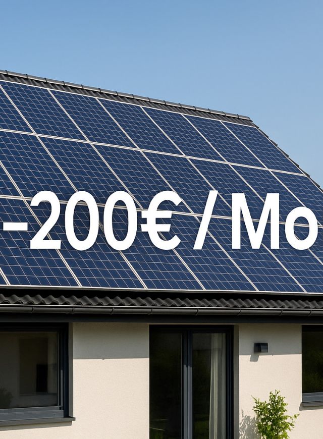 Fotorealistisches Einfamilienhaus mit Solarpaneelen auf dem Dach vor klarem Himmel; großflächige weiße Schrift „100 – 200 €/Monat“ überlagert die Paneele und hebt das Mietpreisangebot hervor.
