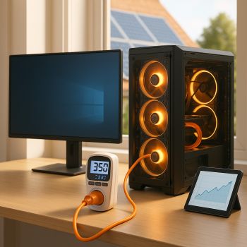 Gaming-PC mit Monitor und Strommessgerät