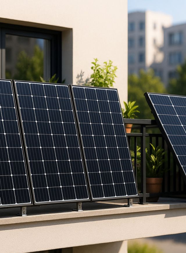 Vier Solarmodule als Balkonkraftwerk am Balkon-Geländer montiert, mit verstellbaren Halterungen auf modernem Stadtbalkon bei Tageslicht.
