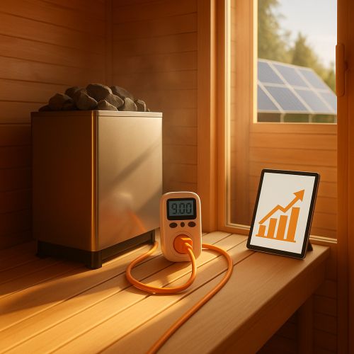 Heimsauna mit Elektro-Ofen und Energiemessgerät; Tablet mit Diagramm, draußen PV-Module