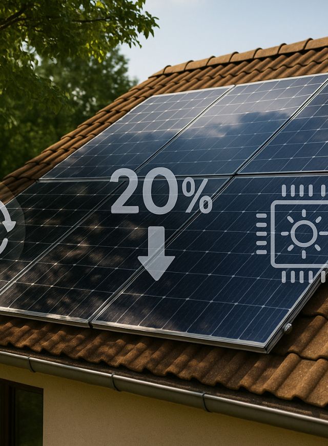 Nahaufnahme eines Fotovoltaik-Dachs mit teilweise von einem Baum beschatteten Solarmodulen; halbtransparente Infografik-Elemente (Blitz-Symbol, „20 %“ mit Abwärtspfeil, Mikrochipsymbol mit Sonne) verdeutlichen Ertragsverluste und Techniklösungen.
