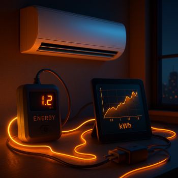 Split-Klimaanlage über Fenster, davor leuchtende Energie-Messgeräte mit orangen Kabeln in nächtlich beleuchtetem Raum.