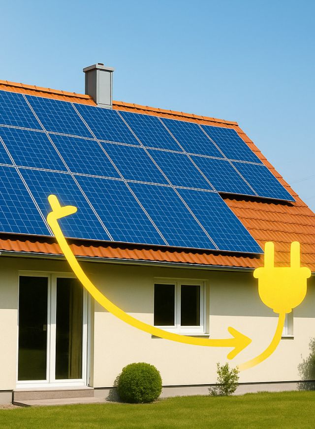Einfamilienhaus mit PV-Modulen; Pfeile zeigen Direktverbrauch ohne Speicher
