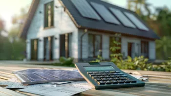 Taschenrechner und Solarpanel auf Bauplänen im Vordergrund, mit einem solarbetriebenen Haus im unscharfen Hintergrund.
