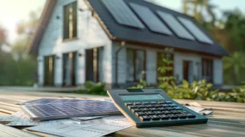 Solarrechner für Photovoltaik Taschenrechner und Solarpanel auf Bauplänen im Vordergrund, mit einem solarbetriebenen Haus im unscharfen Hintergrund.