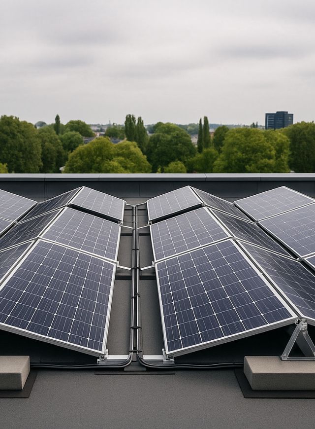Flachdach-Photovoltaik mit ballastierter Aufständerung und zentral angeordneten Modulen.