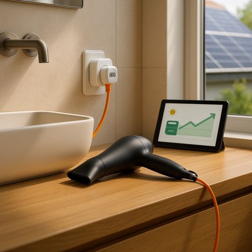 Föhn mit Strommessgerät neben Tablet mit PV-Grafik im sonnigen Bad – Solarstrom & Eigenverbrauch
