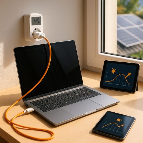 Arbeitsplatz am Fenster mit Laptop, der eine Solarstrom-Kurve zeigt; das Gerät ist über ein Energiemessgerät sauber verkabelt – im Hintergrund PV-Module auf dem Dach.