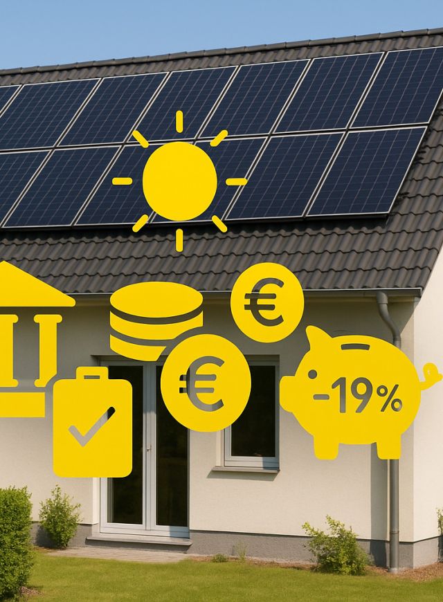 Haus mit Photovoltaikanlage; Symbole für KfW-/BAFA-Förderung und Zuschuss (Euro/Prozent) – Solarförderung 2026.