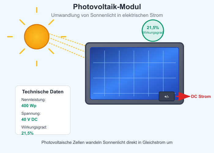 Illustration eines Photovoltaik-Moduls mit technischen Spezifikationen. Zeigt 400 Wp Leistung, 40V DC Spannung und 21% Wirkungsgrad. Darstellung der Umwandlung von Sonnenlicht in Gleichstrom durch photovoltaische Zellen. Sichtbare Zellenstruktur mit Anschlussbox und Stromausgang.