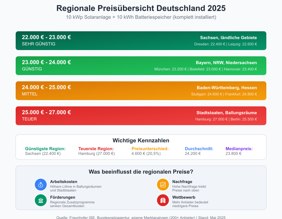 Regionale Preisübersicht für Solaranlagen in Deutschland 2025, dargestellt als farbkodierte Preisbereiche. Sehr günstig (22.000-23.000 €): Sachsen und ländliche Gebiete. Günstig (23.000-24.000 €): Bayern, NRW, Niedersachsen. Mittel (24.000-25.000 €): Baden-Württemberg, Hessen. Teuer (25.000-27.000 €): Hamburg, Berlin, Ballungsräume. Zeigt Preisunterschied von 4.600 € (20,5%) und Einflussfaktoren wie Arbeitskosten, Förderungen, Nachfrage und Wettbewerb.