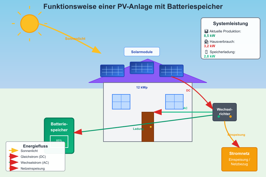 Schematische Darstellung einer Photovoltaikanlage mit Batteriespeicher auf einem Einfamilienhaus. Das Diagramm zeigt den Energiefluss vom Sonnenlicht über die Solarmodule (12 kWp) zum Wechselrichter, der den Gleichstrom in Wechselstrom umwandelt. Der erzeugte Strom versorgt das Haus (3,2 kW Verbrauch), lädt den Batteriespeicher (2,8 kW Ladung) und speist überschüssigen Strom ins öffentliche Netz ein. Aktuelle Systemleistung: 8,5 kW Produktion bei 85% Speicherladung.