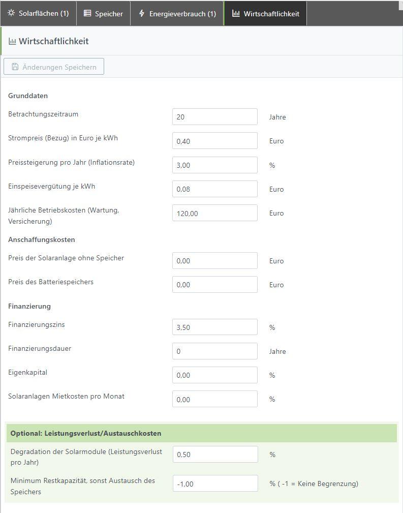 Erfassungsmaske der Wirtschaftlichkeitsberechnung