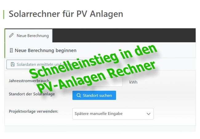 Startbildschirm PV-Anlagen Rechner Startbildschirm PV-Anlagen Rechner